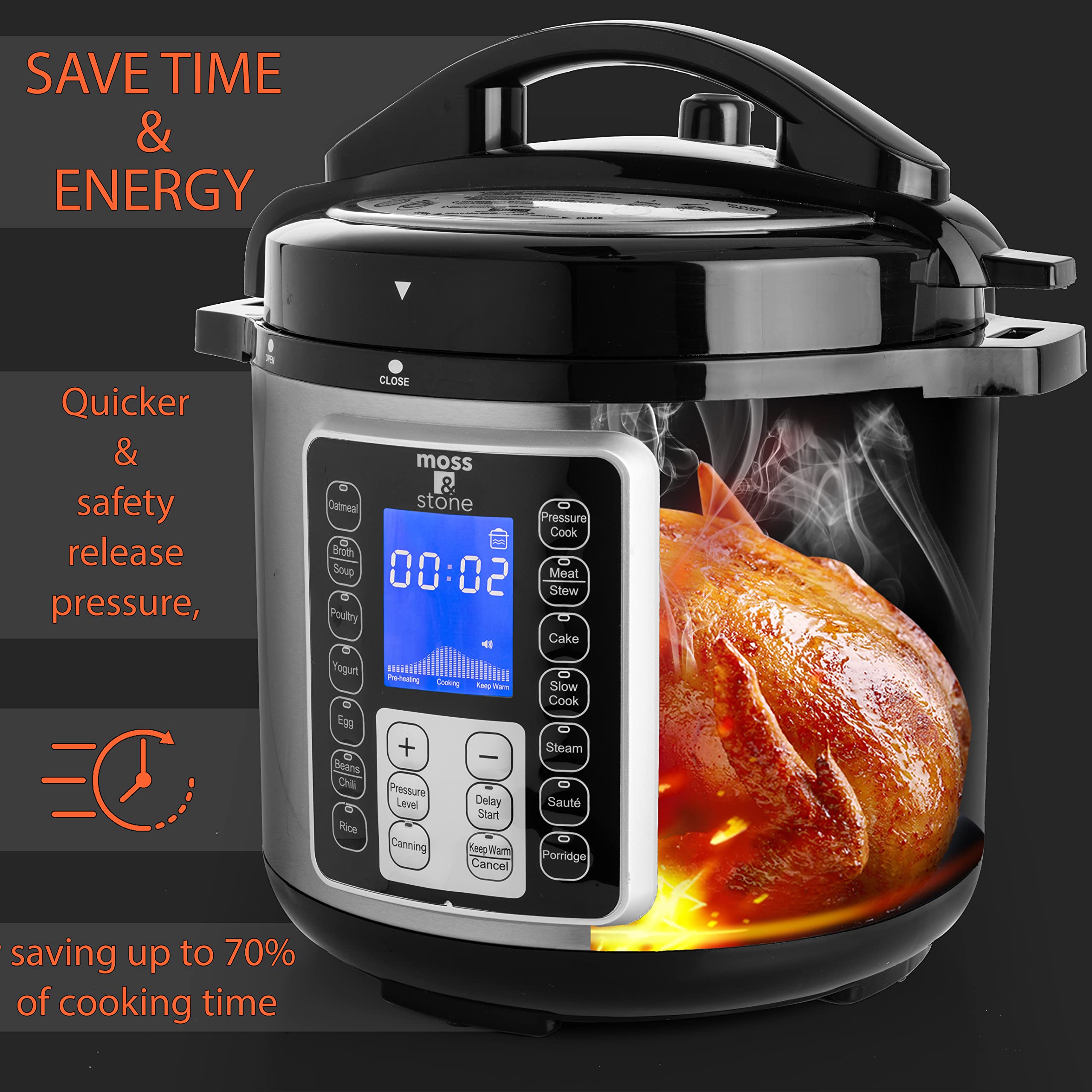 Moss & Stone Electric Pressure Cooker with Large LCD Display, Multi-Use 6 Quart Electric Pot, 14 in 1 Slow Cooker, Rice Cooker, Steamer Maker, Sauté, Yogurt Maker, Egg Cooker, Warmer & More