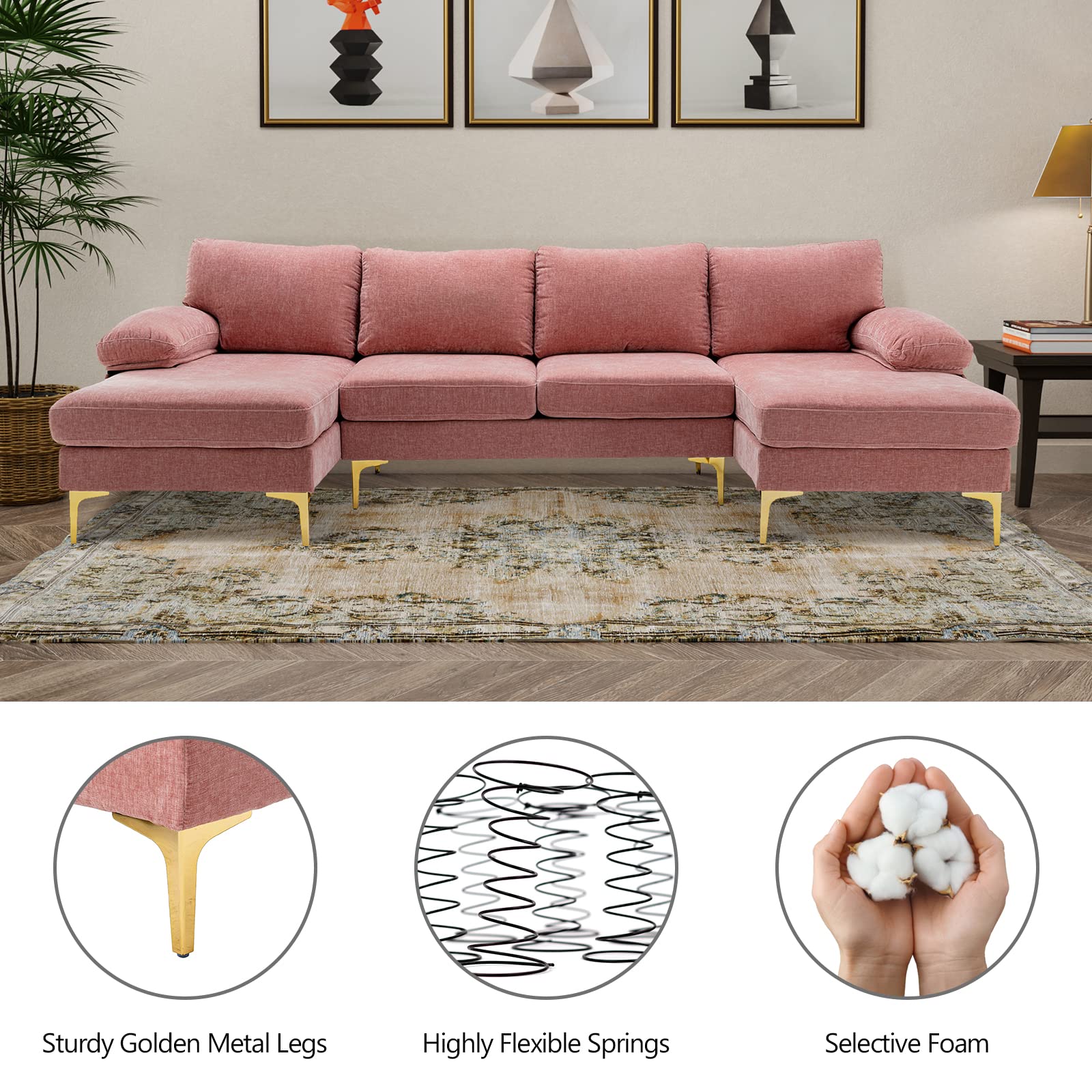 Homtique U Shaped Sectional Couch,Modern Large Modular Sectional Sofa for Living Room,Chenille Fabric Oversized Couch with Chaise Lounge and Golden Legs (Pink)