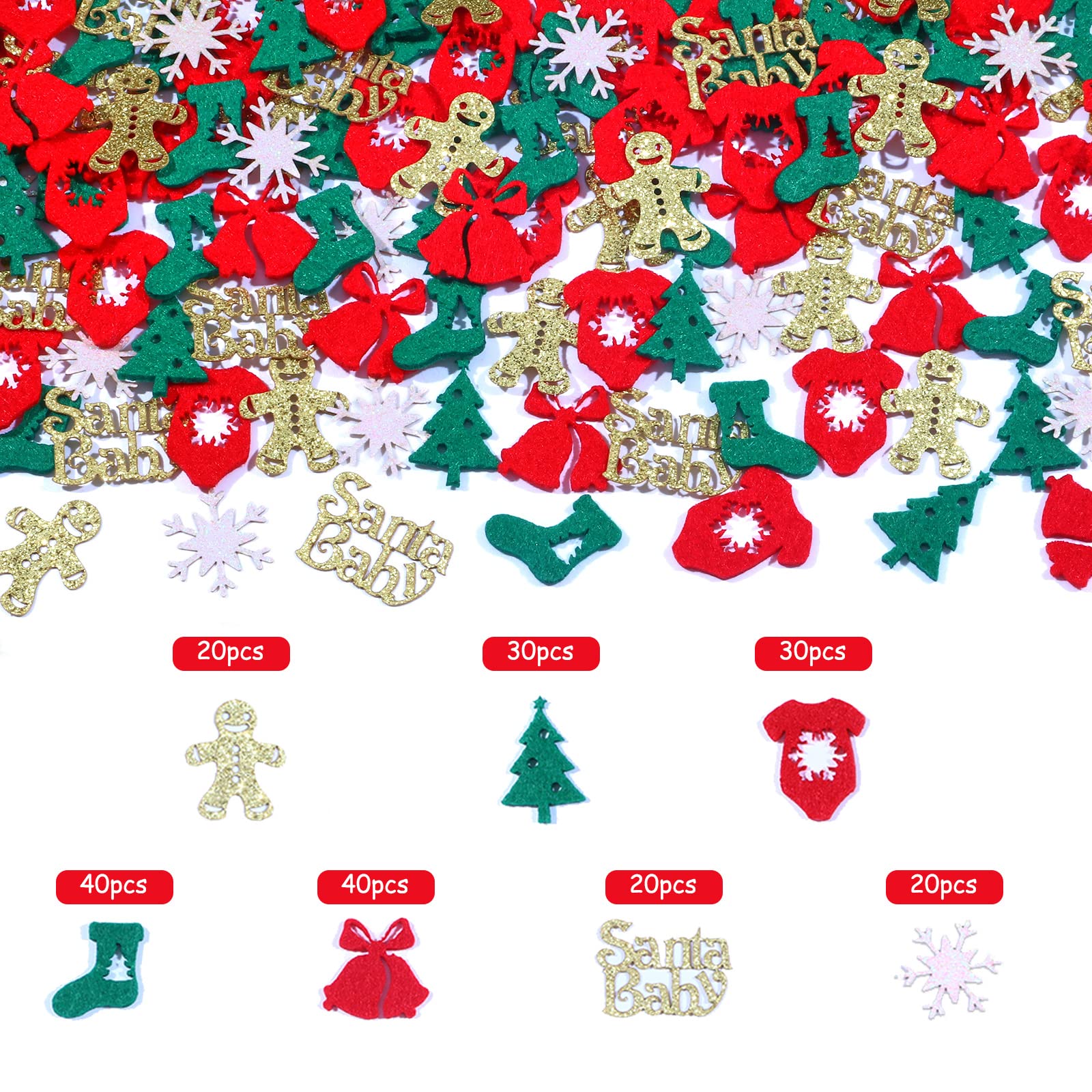 Christmas Baby Shower Confetti, 200pcs Glitter Felt Cloth Christmas Table Confetti - Christmas Tree, Gingerbread Man, Snowflake Table Scatter, Xmas Baby Shower Table Decorations for Girl Boy