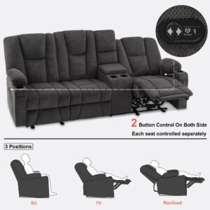 MCombo Power Reclining Sofa with Heat and Vibration,USB Ports, Cup Holders,3-Seat Dual Recliner Sofa with Console for Living Room 6035 (Grey)