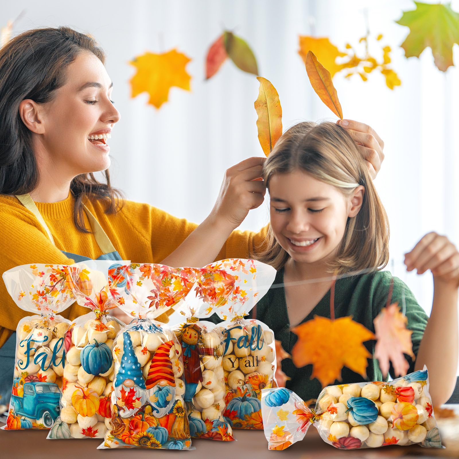 200 Pack Thanksgiving Cellophane Bags Fall Treat Bags with 200 Twist Ties Autumn Pumpkin Maple Leaves Plastic Candy Goodie Bags Fall Harvest Thankful Snack Bags for Thanksgiving Party Favor Supplies