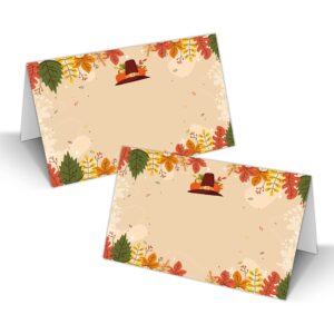 fall thanksgiving table place cards, orange pumpkin blank seating place card for table, 25 pack buffet food tent labels, double design name cards, thanksgiving day party decorations(04)