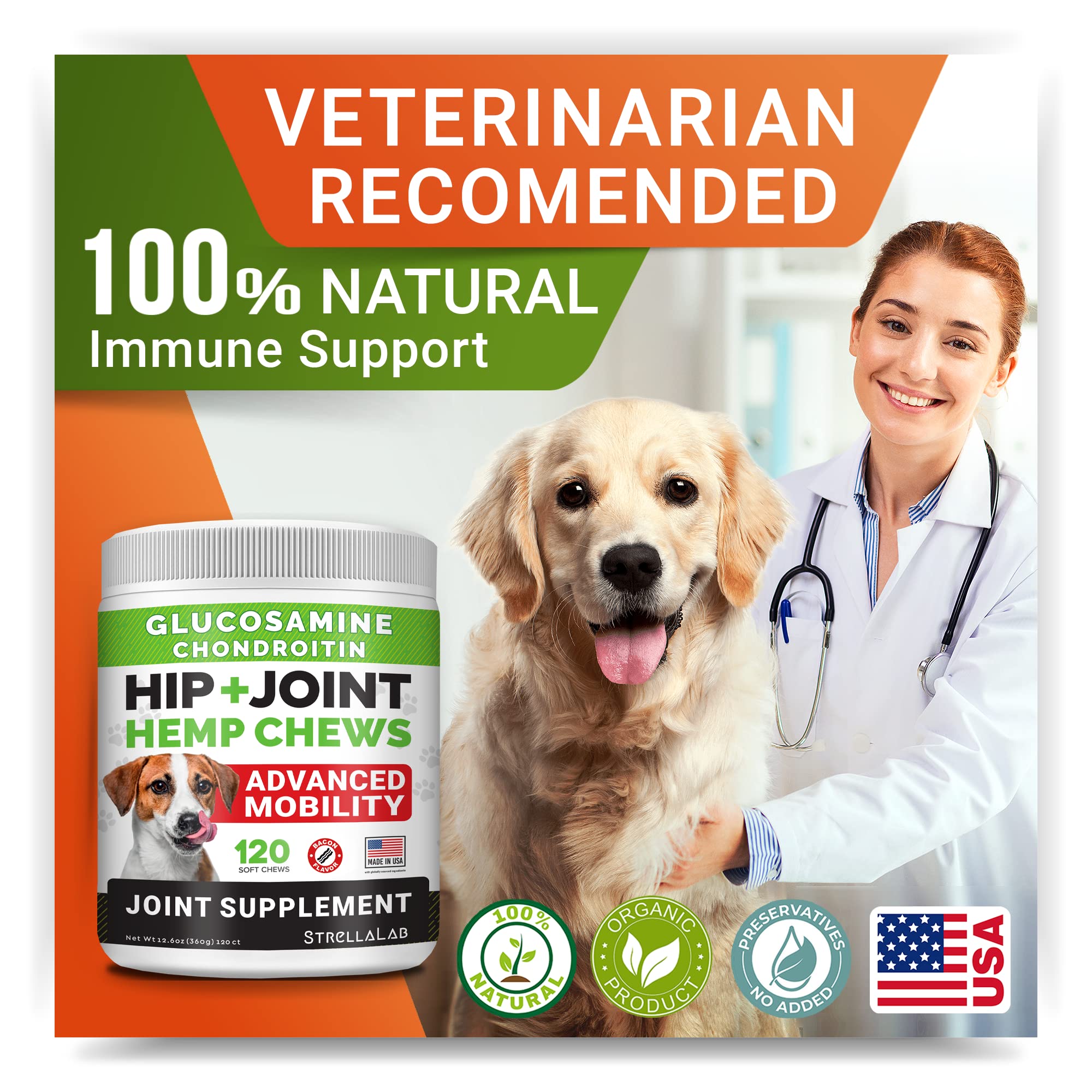 Large Breed Hemp + Glucosamine Dog Joint Supplement - Hemp Chews for Dogs Hip Joint Pain Relief - Omega 3, Chondroitin, MSM - Advanced Mobility Hemp Oil Treats for Large Dogs - Made in USA - 240 Ct