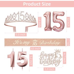 PHD CAKE 15th Birthday Decorations for Girls, Including 15th Birthday Crown/Tiara, Sash, Birthday Candles, 15 Number Balloon, Happy 15th Birthday Decorations for Girls