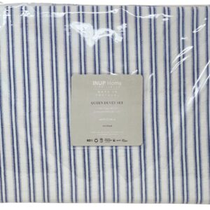 INUP Home 100% Cotton Made in Portugal 3 Piece Duvet Set Matelasse French Country Multi Colors Stripe Solid on White Background (Double Blue Stripes, Queen (U.S. Standard))