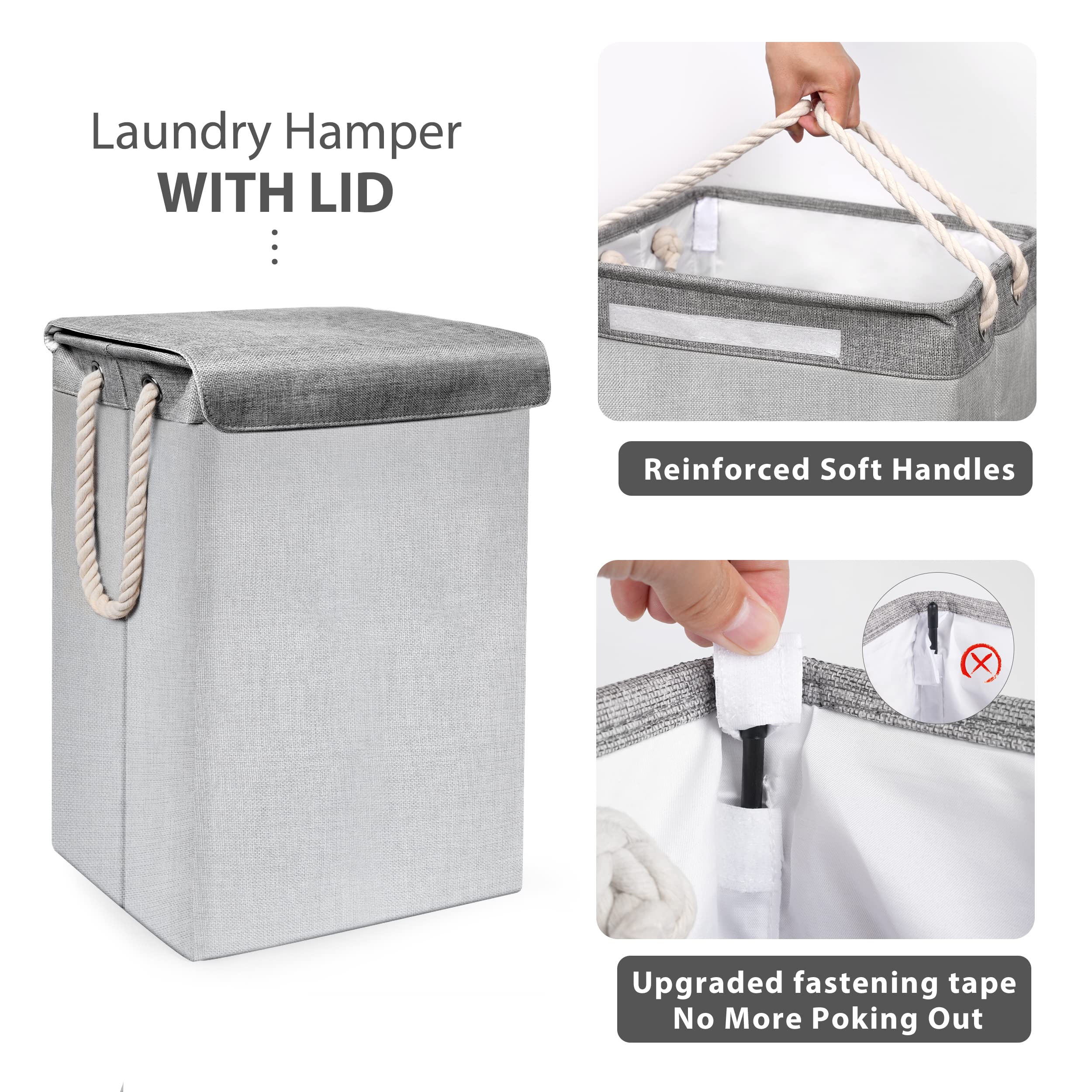 GZMXM Large Laundry Hamper 75L Tall Collapsible Laundry Basket with Lid and Removable Bag Foldable Dirty Clothes Hamper with Rope Handles Durable Storage Basket Clothing and Toys Organization-Grey