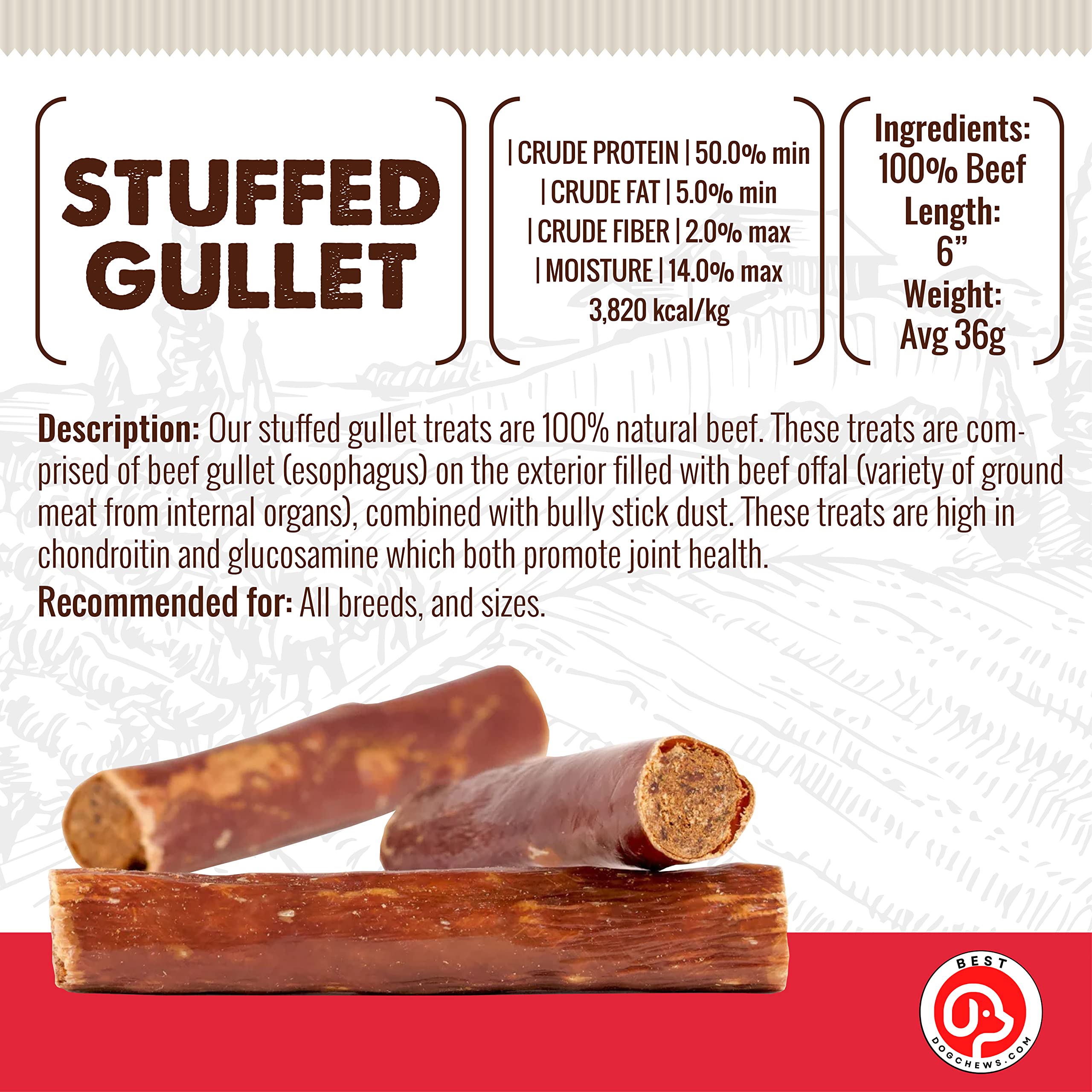 Best Dog Chews Stuffed Gullet Stick - 100% Natural Delicious and Protein Rich Dog Beef Jerky Treats and Chews - Fully Digestible - Promotes Joint & Dental Health for All Breed Sizes - 6 inch(6 Count)