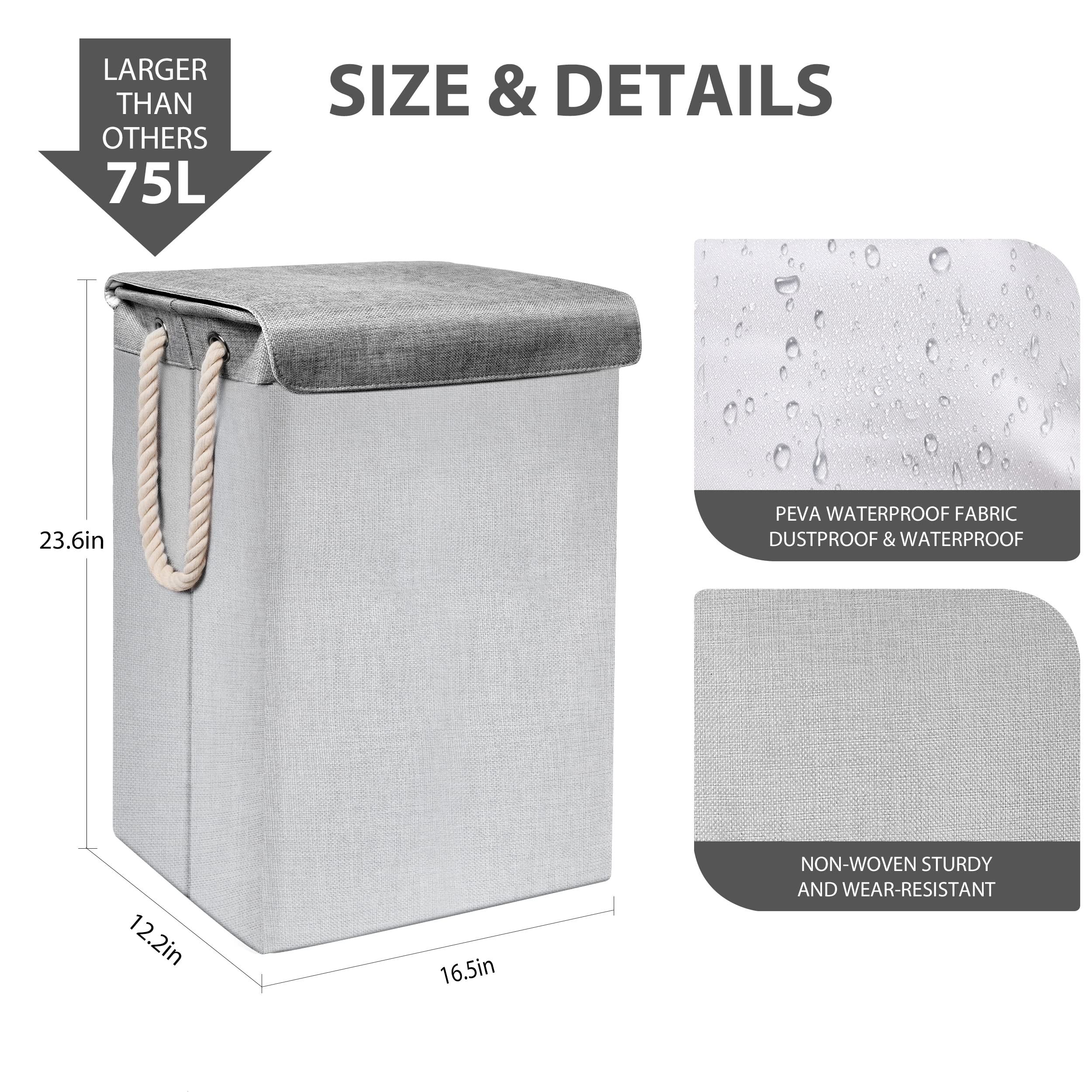 GZMXM Large Laundry Hamper 75L Tall Collapsible Laundry Basket with Lid and Removable Bag Foldable Dirty Clothes Hamper with Rope Handles Durable Storage Basket Clothing and Toys Organization-Grey