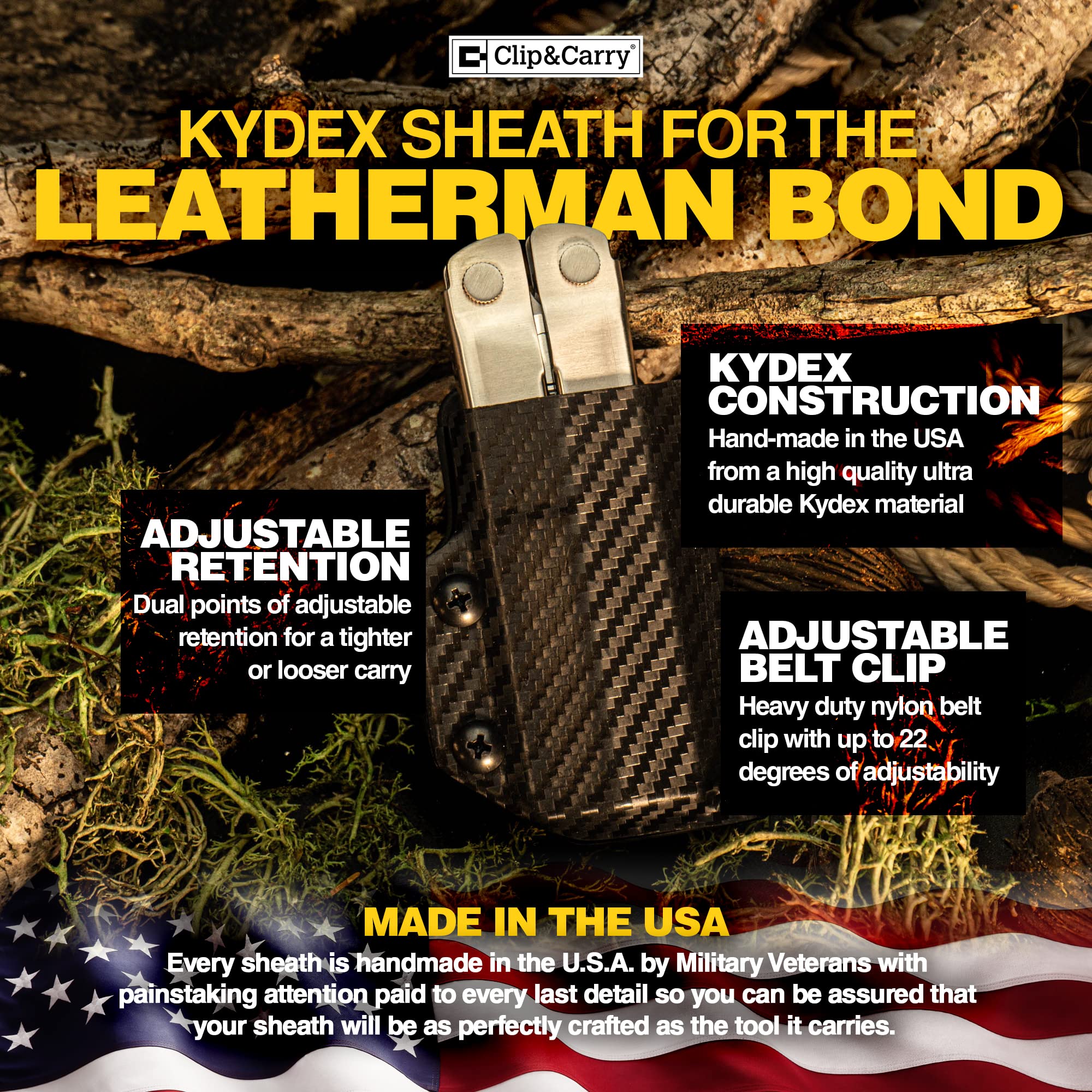 Kydex Multitool Sheath for LEATHERMAN Bond - Made in USA - Multi Tool Sheath Holder Cover Belt Pocket Holster - Multi-tool not included (Carbon Fiber Black)