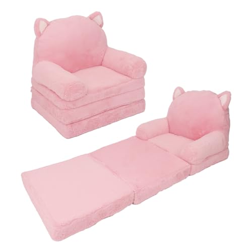 MONKISS 2-in-1 Toddler Couch Chairs Comfy, Kids Chair Couch, Mini Couch, Flip Out Sherpa Kids Sofa, Baby Couch, Chair for Toddlers 1-3, Kids Lounge Chair Reading Chair, Kids Couch Bed Fold Out, Pink