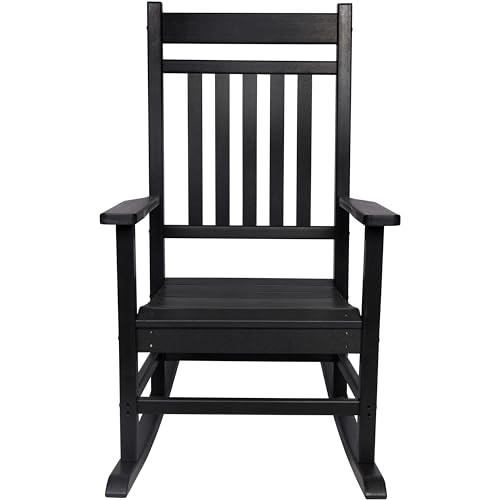 Shine Company Berkshire Outdoor Resin Rocking Chair with High Back, All Weather Heavy-Duty HDPE Poly Plastic Rocker for Patio, Porch, Lawn, Garden, Black