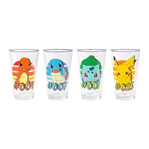 silver buffalo pokemon original starters charmander, squirtle, bulbasaur, and pikachu 4pc. pint glass set, 16 ounces