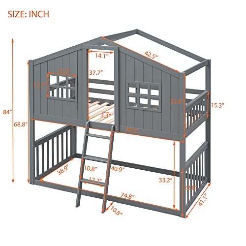 Merax Twin Over Twin House Bunk Bed with Ladder, Twin Wood Bed Frame with Roof Design, Bunk Bed for Teens, Boys and Girls, Gray