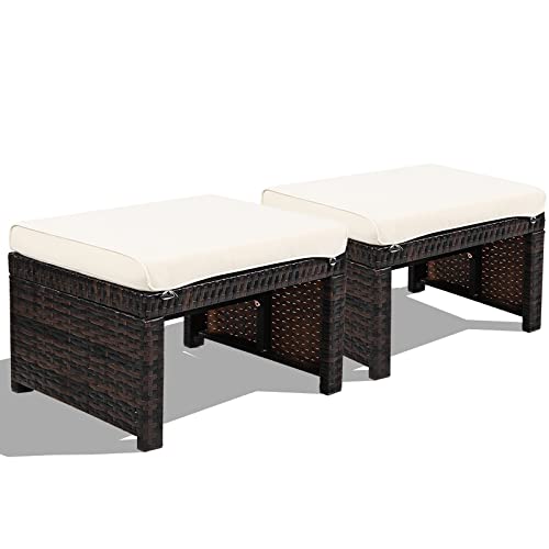 HAPPYGRILL 2 Piece Outdoor Wicker Ottomans, Patio Rattan Footstool with Cushions, Solid Steel Frame, Multifunctional Ottomans for Poolside Backyard Balcony