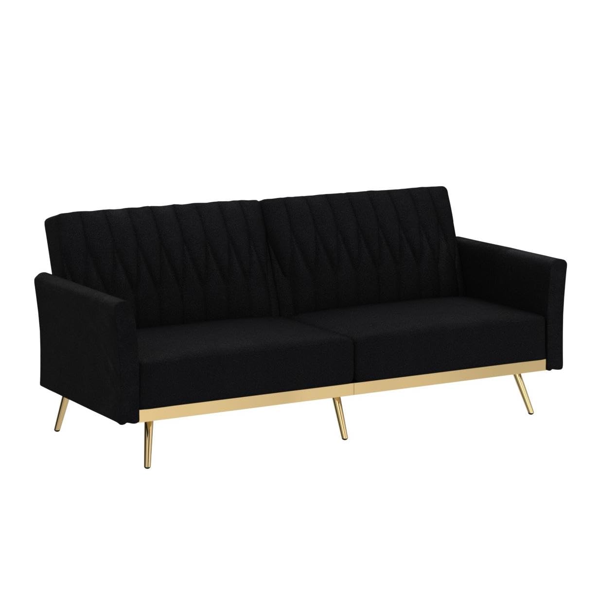 TTGIEET Velvet Convertible Futon Sofa Bed with Golden Metal Legs, 70" Tufted Loveseat Couch Sleeper Futon Sofa with Adjustable Armrests for Home Living Room Bedroom (Black)