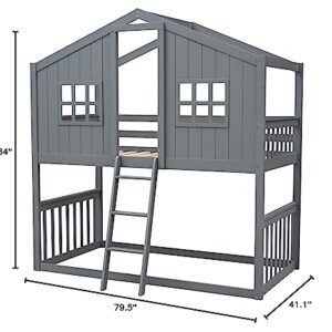 Merax Twin Over Twin House Bunk Bed with Ladder, Twin Wood Bed Frame with Roof Design, Bunk Bed for Teens, Boys and Girls, Gray