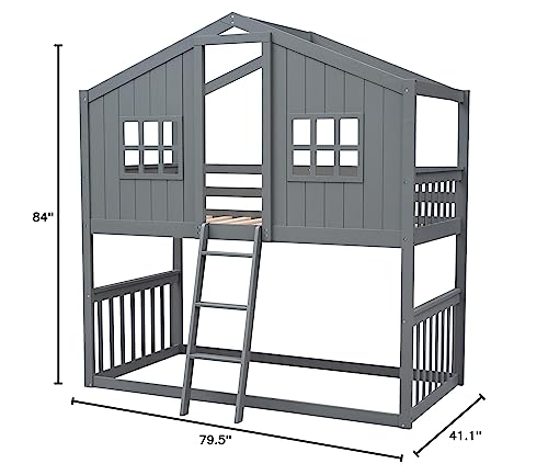 Merax Twin Over Twin House Bunk Bed with Ladder, Twin Wood Bed Frame with Roof Design, Bunk Bed for Teens, Boys and Girls, Gray