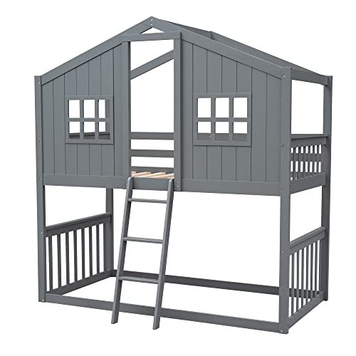 Merax Twin Over Twin House Bunk Bed with Ladder, Twin Wood Bed Frame with Roof Design, Bunk Bed for Teens, Boys and Girls, Gray