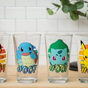 Silver Buffalo Pokemon Original Starters Charmander, Squirtle, Bulbasaur, and Pikachu 4pc. Pint Glass Set, 16 Ounces