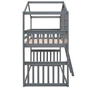 Merax Twin Over Twin House Bunk Bed with Ladder, Twin Wood Bed Frame with Roof Design, Bunk Bed for Teens, Boys and Girls, Gray