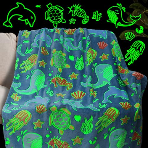 Glow in The Dark Throw Blanket Dolphin Marine Life Luminous Blankets and Throws Blue Colorful Plush Blankets Soft Glowing Throw Gift for Kids Girls Boys Teens Age 1-15 Years Old