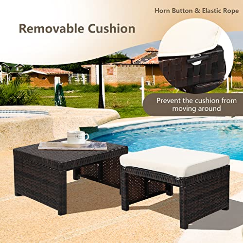 HAPPYGRILL 2 Piece Outdoor Wicker Ottomans, Patio Rattan Footstool with Cushions, Solid Steel Frame, Multifunctional Ottomans for Poolside Backyard Balcony