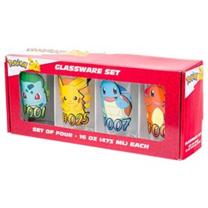 Silver Buffalo Pokemon Original Starters Charmander, Squirtle, Bulbasaur, and Pikachu 4pc. Pint Glass Set, 16 Ounces