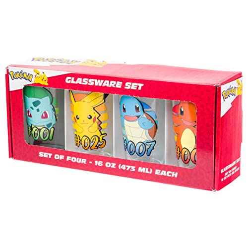 Silver Buffalo Pokemon Original Starters Charmander, Squirtle, Bulbasaur, and Pikachu 4pc. Pint Glass Set, 16 Ounces