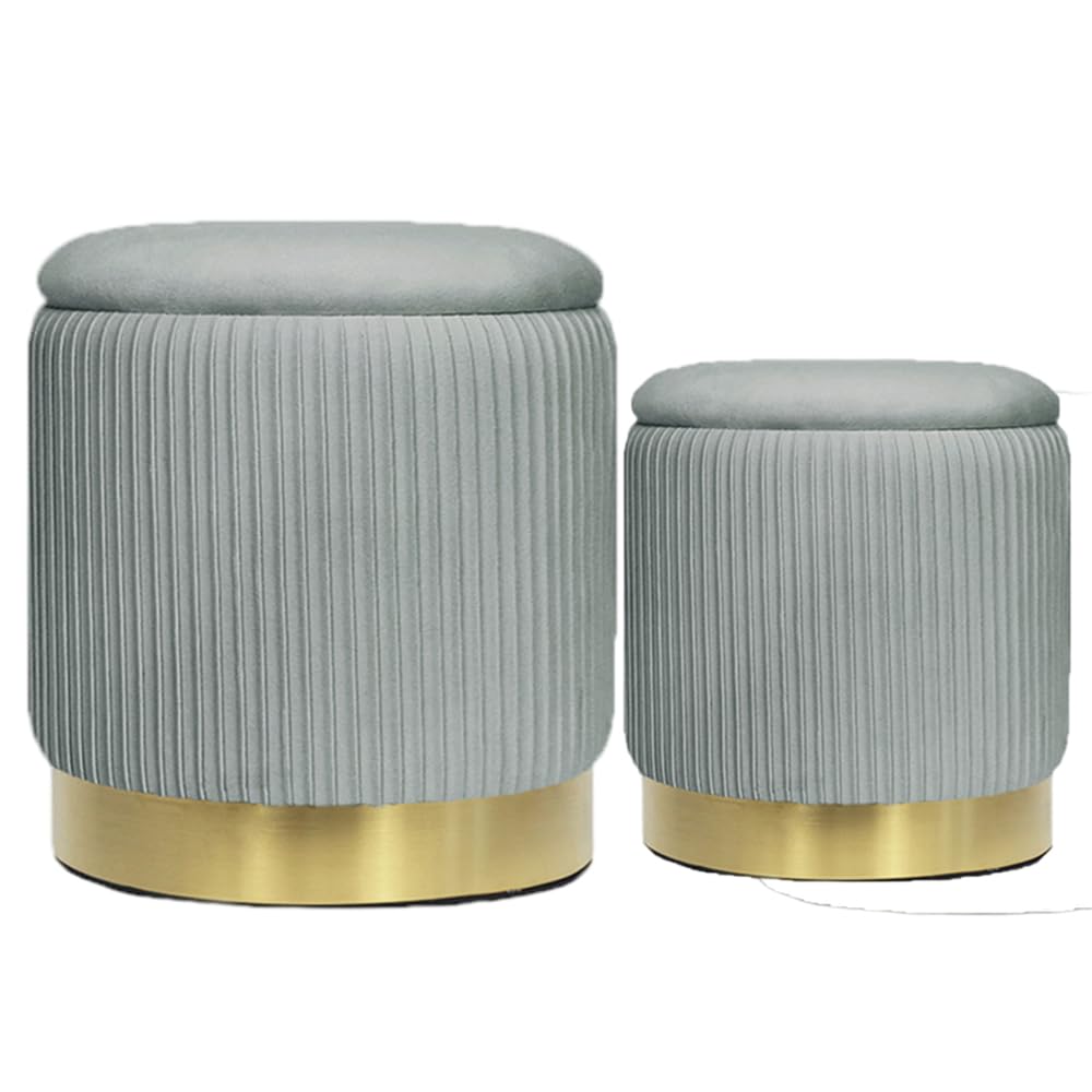 YYW HOME Round Ottoman Storage Set of 2 Black Velvet Storage Ottoman for Living Room and Bedroom, Round Storage Ottoman, Ottoman Chair, Gold Ottoman with Storage, (Light Gray)