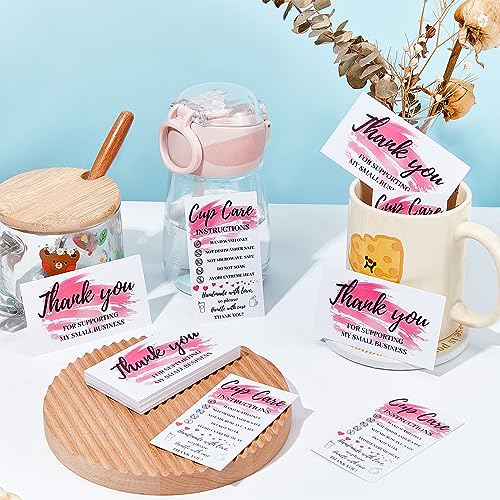 ‎PLIGREAT Tumbler Cup Cards, Double Sided Tumbler Care Instructions Cards Cups Care Cards Pink Thank You Card Customer Direction Cards for Mugs Online Shop Owner Gift Package Insert Card (120 Pack)