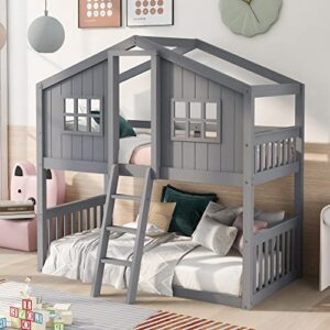 merax twin over twin house bunk bed with ladder, twin wood bed frame with roof design, bunk bed for teens, boys and girls, gray