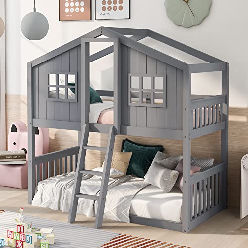 Merax Twin Over Twin House Bunk Bed with Ladder, Twin Wood Bed Frame with Roof Design, Bunk Bed for Teens, Boys and Girls, Gray