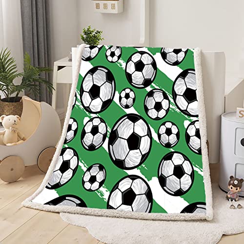 WONGS BEDDING Soccer Throw Blankets Green Fleece Flannel Football Blanket Gifts for Kids Boys Girls Fuzzy Warm Soft Throw Blanket for Couch Sofa Bed Office (Green, 50"X60")