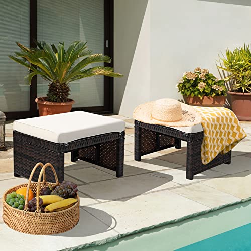 HAPPYGRILL 2 Piece Outdoor Wicker Ottomans, Patio Rattan Footstool with Cushions, Solid Steel Frame, Multifunctional Ottomans for Poolside Backyard Balcony