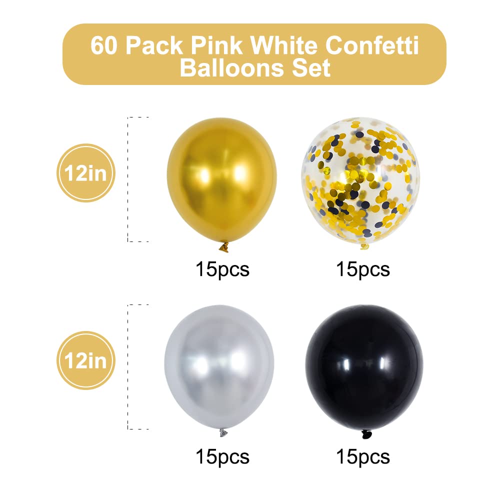 BEISHIDA 60pcs 12 Inch Black Gold Confetti Balloons, Matte Black Latex Helium Balloons Metallic Gold and Silver Balloons For Birthday Wedding Engagement Graduation Bridal Shower Decorations