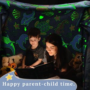 Glow in The Dark Throw Blanket Dolphin Marine Life Luminous Blankets and Throws Blue Colorful Plush Blankets Soft Glowing Throw Gift for Kids Girls Boys Teens Age 1-15 Years Old