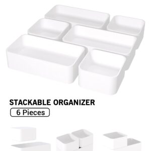 6 Pcs Stackable Drawer Organizer Set Desk Drawer Dividers, Bathroom Vanity Cosmetic Makeup Trays , Multipurpose Plastic Storage Bins for Jewelries, Kitchen Gadgets and Office Accessories, White