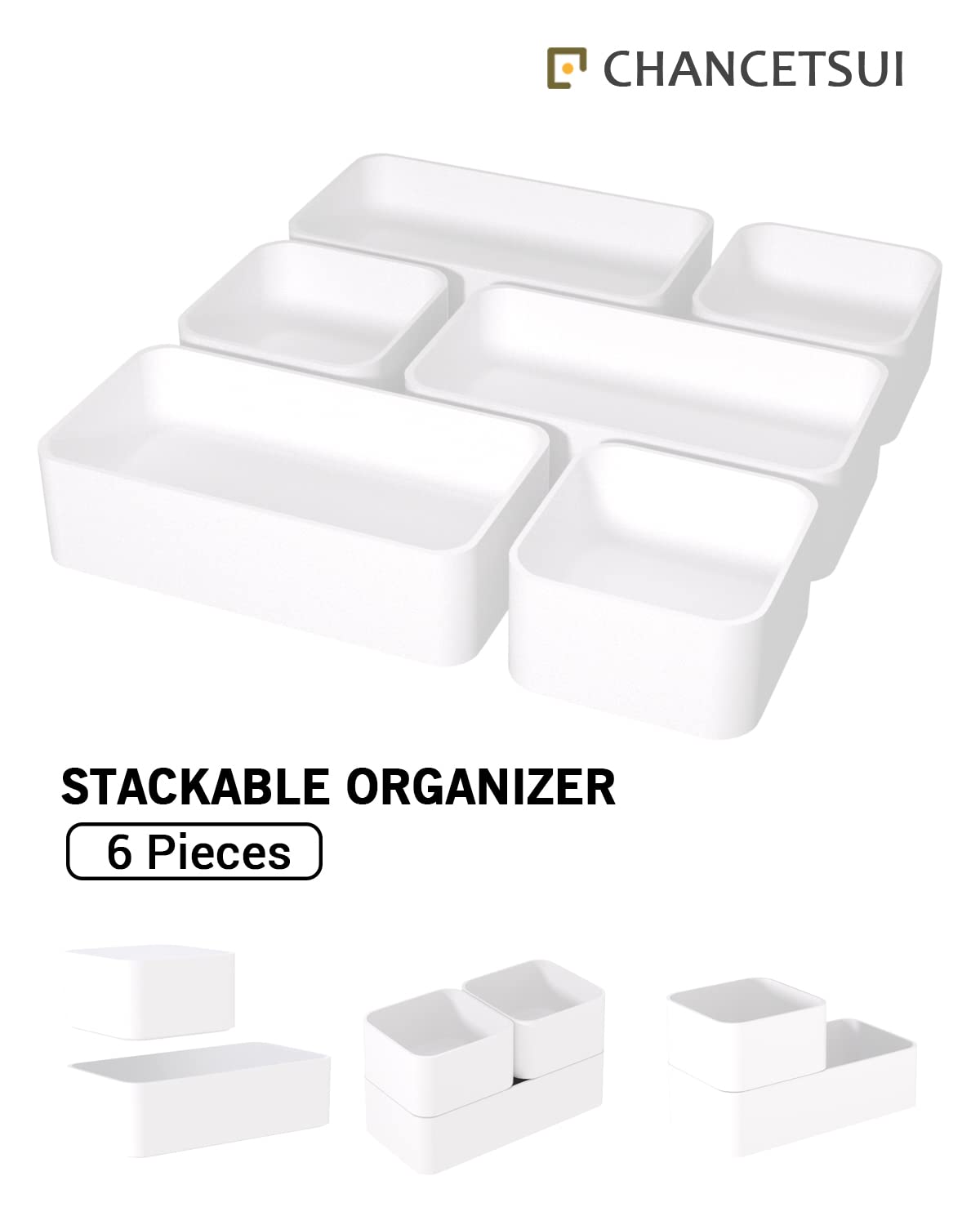 6 Pcs Stackable Drawer Organizer Set Desk Drawer Dividers, Bathroom Vanity Cosmetic Makeup Trays , Multipurpose Plastic Storage Bins for Jewelries, Kitchen Gadgets and Office Accessories, White