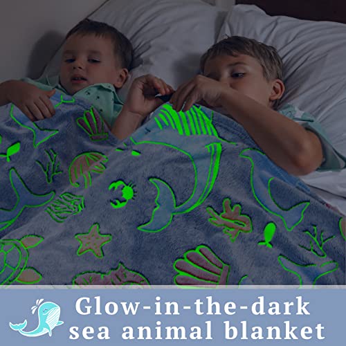 Glow in The Dark Throw Blanket Dolphin Marine Life Luminous Blankets and Throws Blue Colorful Plush Blankets Soft Glowing Throw Gift for Kids Girls Boys Teens Age 1-15 Years Old