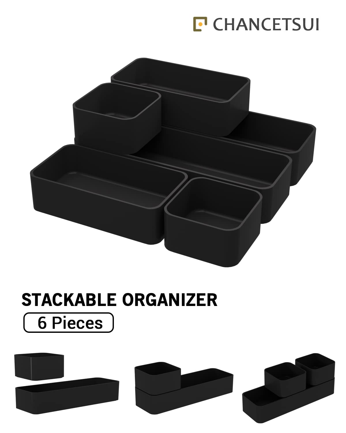 Organizer Drawers, Storage Plastic Desk Bins Stackable Organizers Tray, Bathroom Dividers Small Makeup Bin Clothes Organizing Trays for Containers Vanity Office Cabinet Desktop Compartment, Black