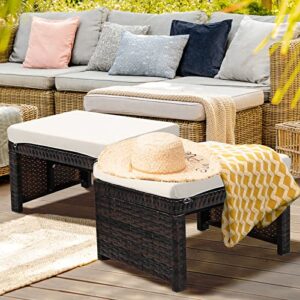 HAPPYGRILL 2 Piece Outdoor Wicker Ottomans, Patio Rattan Footstool with Cushions, Solid Steel Frame, Multifunctional Ottomans for Poolside Backyard Balcony