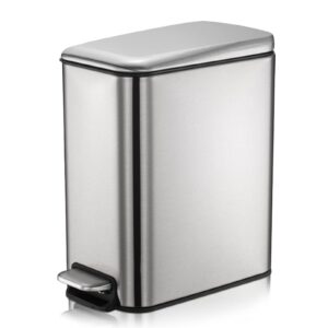 gonicvin bathroom bin, 1.3 gallon stainless steel pedal bin waste bin with lids, slow drop closing slim rubbish bin pedal waste basket for bathroom, kitchen, and office (5l, stainless steel)