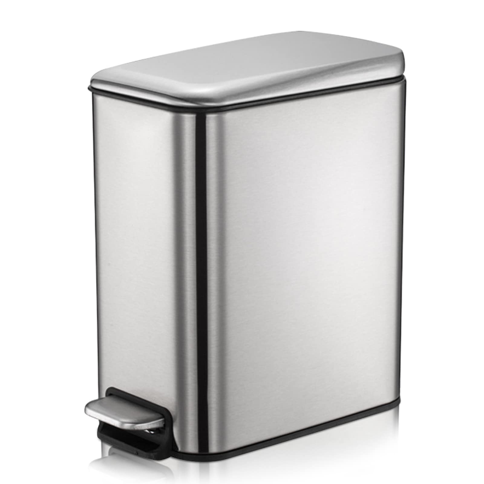 GONICVIN Bathroom Bin, 1.3 Gallon Stainless Steel Pedal Bin Waste Bin with Lids, Slow Drop Closing Slim Rubbish Bin Pedal Waste Basket for Bathroom, Kitchen, and Office (5L, Stainless Steel)