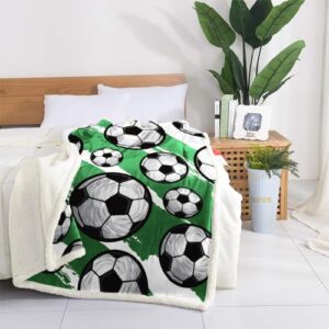 WONGS BEDDING Soccer Throw Blankets Green Fleece Flannel Football Blanket Gifts for Kids Boys Girls Fuzzy Warm Soft Throw Blanket for Couch Sofa Bed Office (Green, 50"X60")