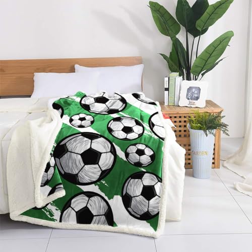 WONGS BEDDING Soccer Throw Blankets Green Fleece Flannel Football Blanket Gifts for Kids Boys Girls Fuzzy Warm Soft Throw Blanket for Couch Sofa Bed Office (Green, 50"X60")