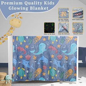 Glow in The Dark Throw Blanket Dolphin Marine Life Luminous Blankets and Throws Blue Colorful Plush Blankets Soft Glowing Throw Gift for Kids Girls Boys Teens Age 1-15 Years Old