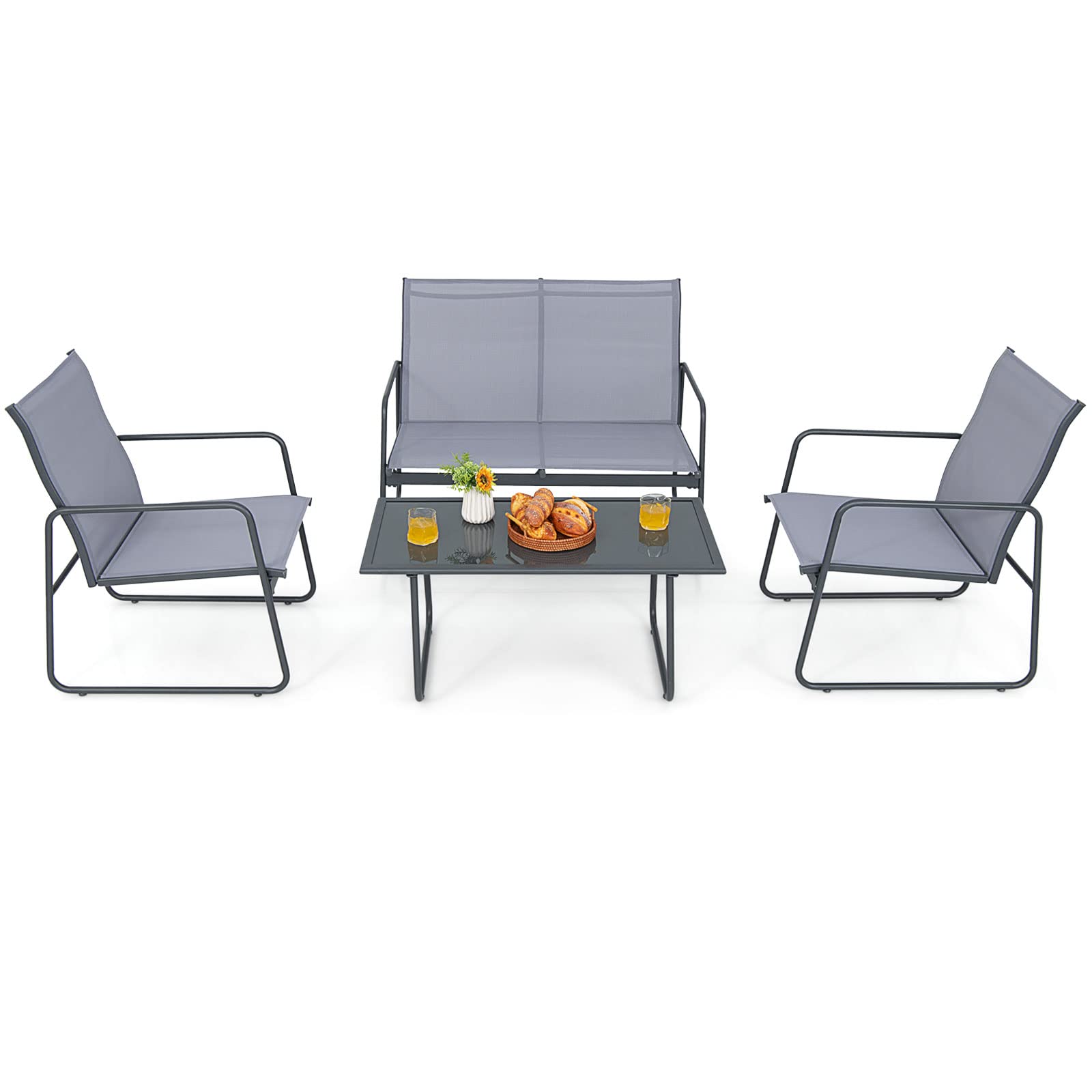 Tangkula 4 Pieces Patio Furniture Set, Outdoor Conversation Set with Tempered Glass Coffee Table, Metal Frame, Breathable Fabric, Indoor & Outdoor Chat Set of 4, for Patio, Poolside, Garden (Gray)