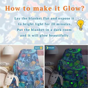 Glow in The Dark Throw Blanket Dolphin Marine Life Luminous Blankets and Throws Blue Colorful Plush Blankets Soft Glowing Throw Gift for Kids Girls Boys Teens Age 1-15 Years Old