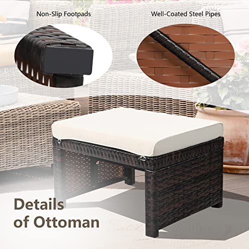 HAPPYGRILL 2 Piece Outdoor Wicker Ottomans, Patio Rattan Footstool with Cushions, Solid Steel Frame, Multifunctional Ottomans for Poolside Backyard Balcony