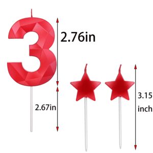 3rd Birthday Candles and Star Heart Candles 2.76 Inch for Birthday Cakes Decorations Wedding Anniversary Celebration Number 3 30 13 31 32 33 34 35 36 37 38 39(Red,3)